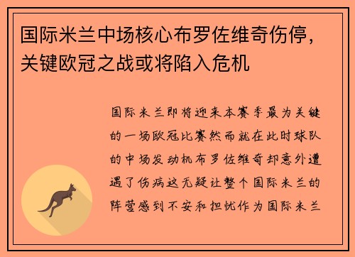 国际米兰中场核心布罗佐维奇伤停，关键欧冠之战或将陷入危机