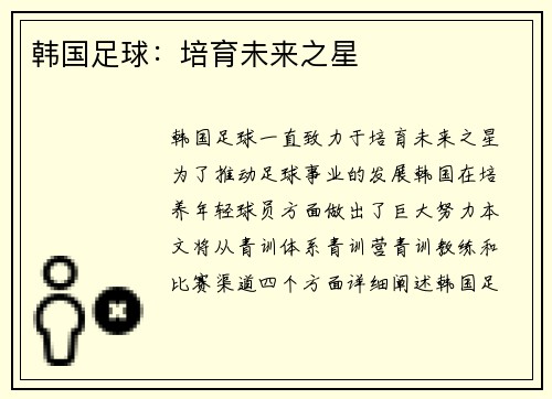 韩国足球：培育未来之星