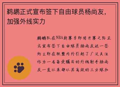 鹈鹕正式宣布签下自由球员杨尚友，加强外线实力