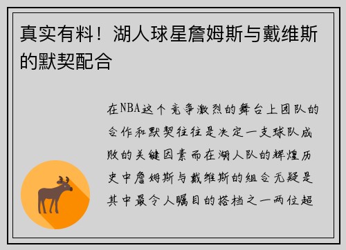 真实有料！湖人球星詹姆斯与戴维斯的默契配合