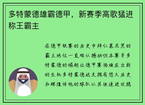 多特蒙德雄霸德甲，新赛季高歌猛进称王霸主