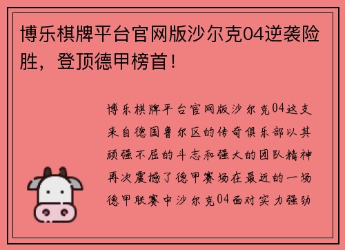 博乐棋牌平台官网版沙尔克04逆袭险胜，登顶德甲榜首！